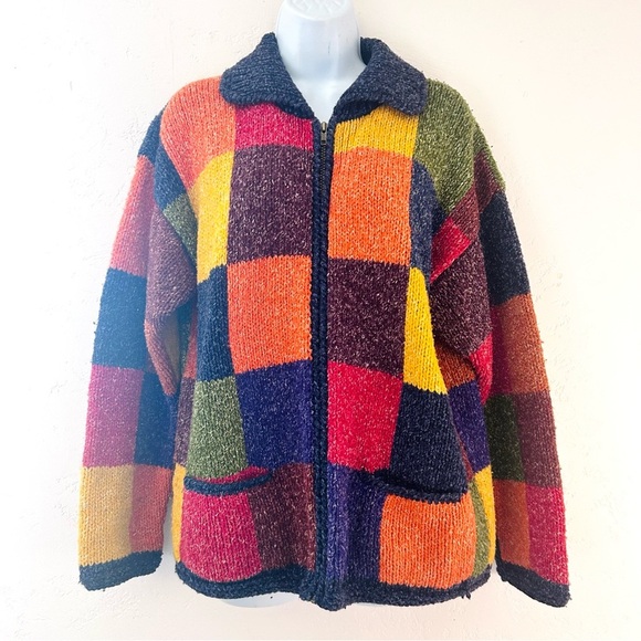 Invisible World Juneau Alaska Handknit Rainbow Patchwork Cotton Wool Zip Sweater - Picture 1 of 10